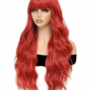 Color 26 Inch Long Wavy Wigs With Bangs Middle Part Natural